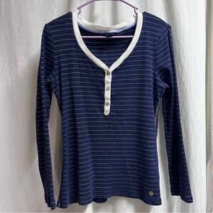 Tommy Hilfiger Womens Shirt Large Navy Gold Metallic Striped Ribbed Knit Henley